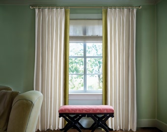 Cortinas de lino y algodón blanco, plisadas con borde verde en contraste, personalizadas, decoración para el hogar.