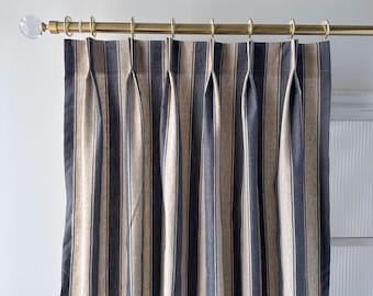 Blue Stripe Pattern Cotton Linen Curtains, Decorative Curtains, Drapes, Custom Curtain Panels, Living Room Curtains.