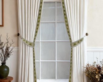 Green lace curtains, Living decoration, handmade, straps in multiple colors, living room decoration curtains.