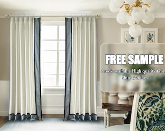 White Linen Curtain Panels, Pleated Curtains With Navy Ribbon, Curtains with Blue Border, Color Block Drapes, Minimalist Design, Gift