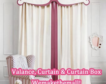 Cortinas de estilo campestre francés con cenefa ondulada, cornisa, cortinas en blanco roto y rojo vino, tela de algodón y lino.