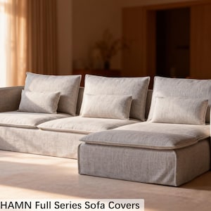 May include: A light gray sectional sofa with multiple cushions and a chaise lounge. The sofa has a textured fabric and is in a well-lit room. The text at the bottom reads: SÖDERHAMN Full Series Sofa Covers.