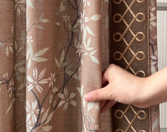 Cortina marrón con estampado floral y ribete, cortina de lino con bolsillo para barra, cortinas a medida, paneles de cortina, diseño minimalista.