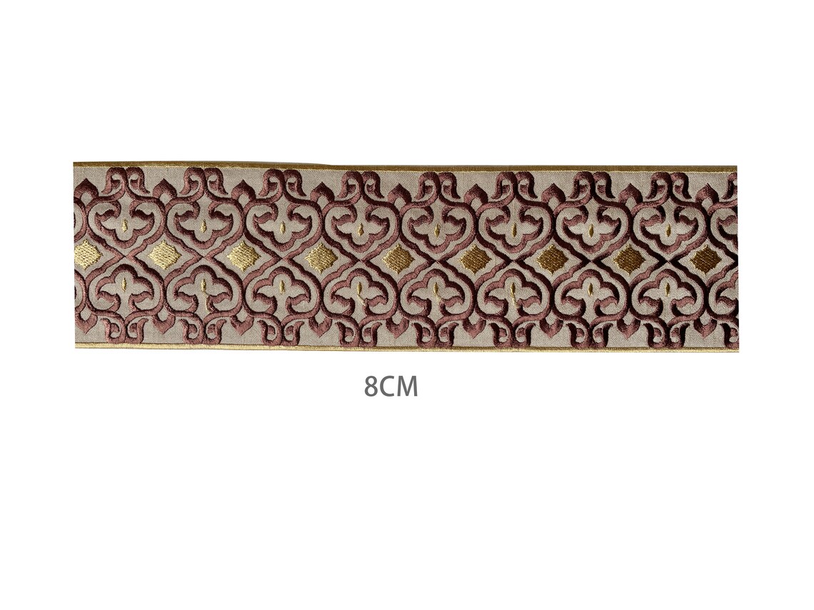 Blue Velvet Trim With Beige Squares - 3.5 Inches Wide, Sold By The Yard For Curtains & Crafts