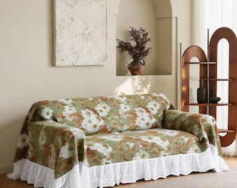 Housse de canapé tout-en-un à fleurs vintage Daisy avec jupe à volants en dentelle blanche