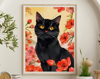 黒猫の花柄アートプリント、子猫のイラスト、女の子の部屋の装飾