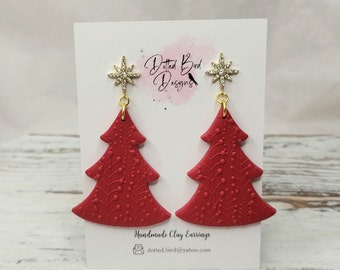 Red Polymer Clay Christmas Tree Earrings with gold tone and rhinestone posts.