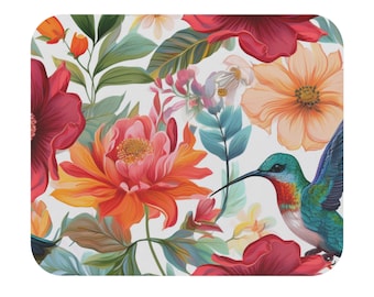 Hummingbird Floral Mouse Pad | Colorful Tropical Flowers, Desk Mat