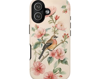 Vintage Bird and Pink Cherry Blossoms Phone Case, Tough and Durable Covers for iPhone, Samsung, and Google Pixel