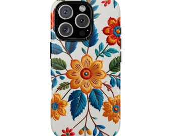 Embroidered Look Floral Tough Phone Case. Vibrant, Colorful Flower Design Covers for iPhone, Samsung, and Google Pixel Phones.