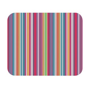 May include: A rectangular mat with rounded corners features a vibrant, colorful striped pattern. Vertical stripes in shades of pink, red, orange, yellow, green, purple, blue, and white create a lively and eye-catching design. The mat is likely made of a durable material.