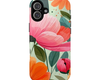 Funda MagSafe con diseño floral en rosa intenso y naranja / Funda magnética resistente y duradera para iPhone