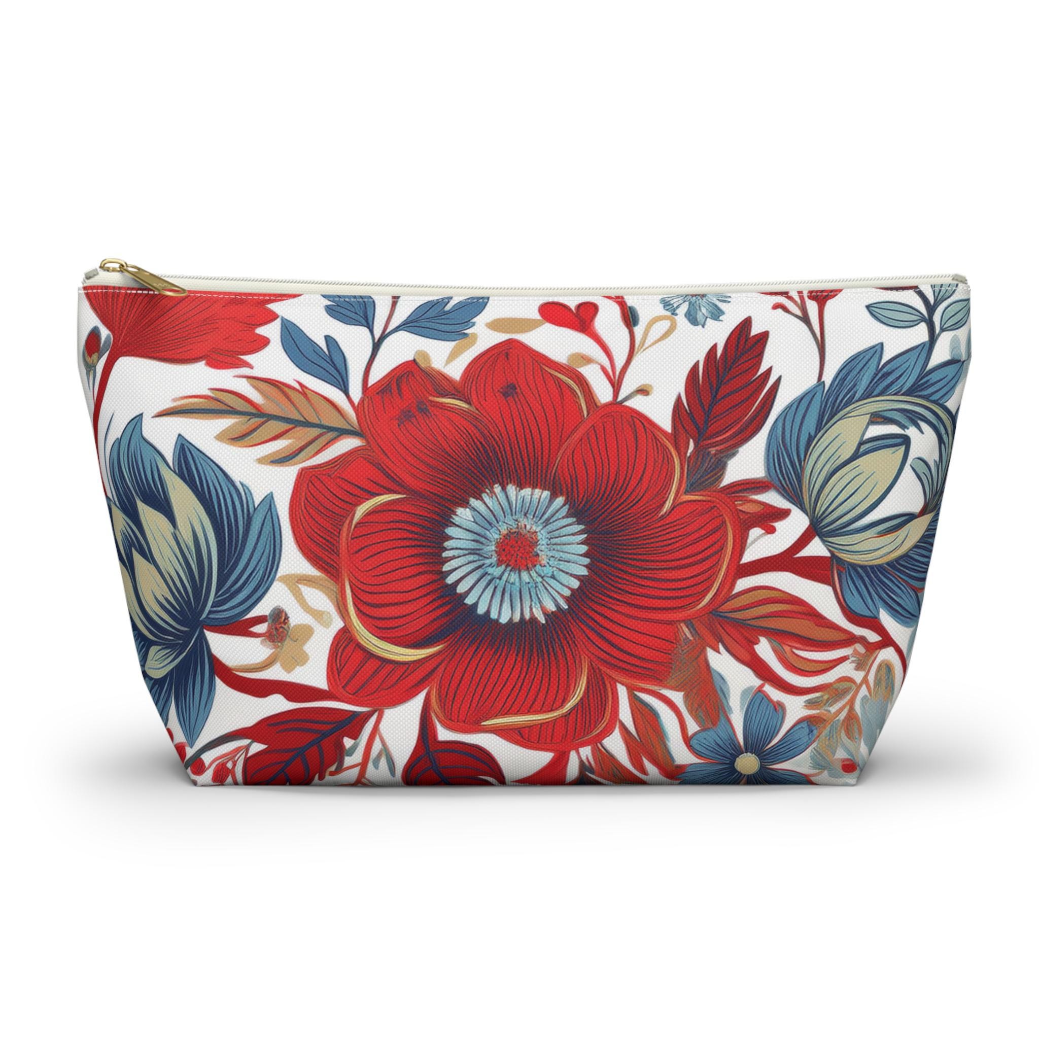 Bolsa para accesorios con estampado floral en rojo y azul vibrante / Neceser / Organizador de maquillaje / Regalo para ella / Estampado de flores de colores / Imprescindibles de viaje