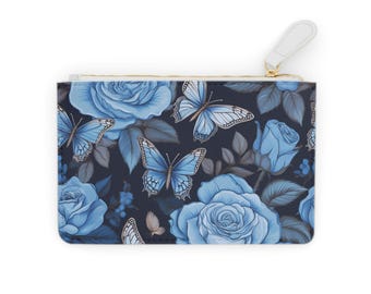 Blue Roses and Butterflies Mini Clutch Bag, Floral Pattern Cosmetic Pouch, Coin Purse