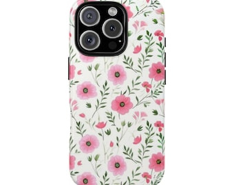 Sweet Pink Flowers and Greenery Phone Case, Tough Phone Cover for iPhone 16 15 14 13, Google Pixel 9 8 7 6, Samsung S25 S24 S23 S22 S21.