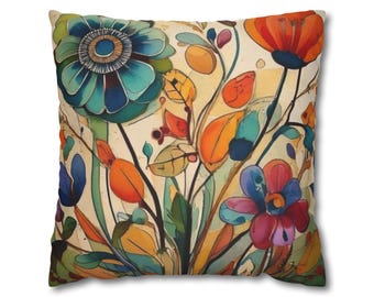 Boho Floral Pillowcase, Colorful Square Pillow Cover, Decorative Accent Cushion Case, Living Room, Couch, Bedding, Home Decor