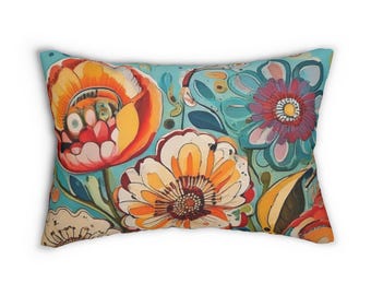 20 x 14 livfull bohemisk blommig ländryggskudde, dekorativ soffkudde, färgglada blommor heminredning, sovrum, heminredningsdetaljer
