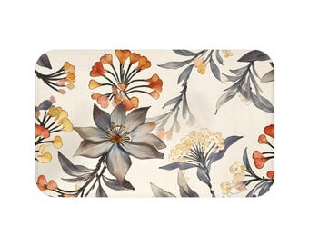 Badmat met aquarel bloemenpatroon | Neutrale oranjegeel grijze badmat met botanisch ontwerp