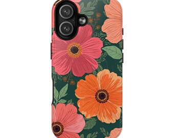 Funda magnética resistente con estampado floral llamativo, flores rosa y naranja sobre verde, fundas MagSafe coloridas