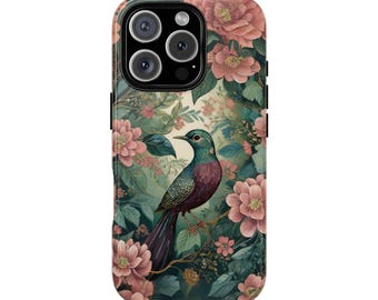 William Morris Inspired Botanical Bird Phone Case, Floral Design, Tough Protection. Covers for Samsung, iPhone, and Google Pixel models.