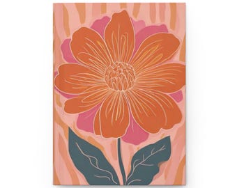 Cuaderno de tapa dura con ilustración floral naranja, cuaderno con flores retro llamativas