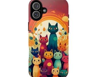 Whimsical, Colorful Cat Family Tough Phone Case. Vibrant, Durable Phone Covers for Samsung, iPhone, and Google Pixel Phones.