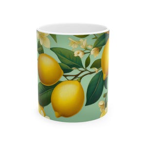 Lemon and Blossoms Ceramic Mug, Citrus Delight, Colorful Fruit Mugs, Cheery Yellow Lemons. Dishwasher Microwave Safe, 11oz 15oz.