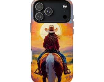 Watercolor Style Cowgirl and Horse Tough Magnetic Cases, Western Style Phone Cover, Equestrian Phone Covers for iPhone 14, 15, 16, 17