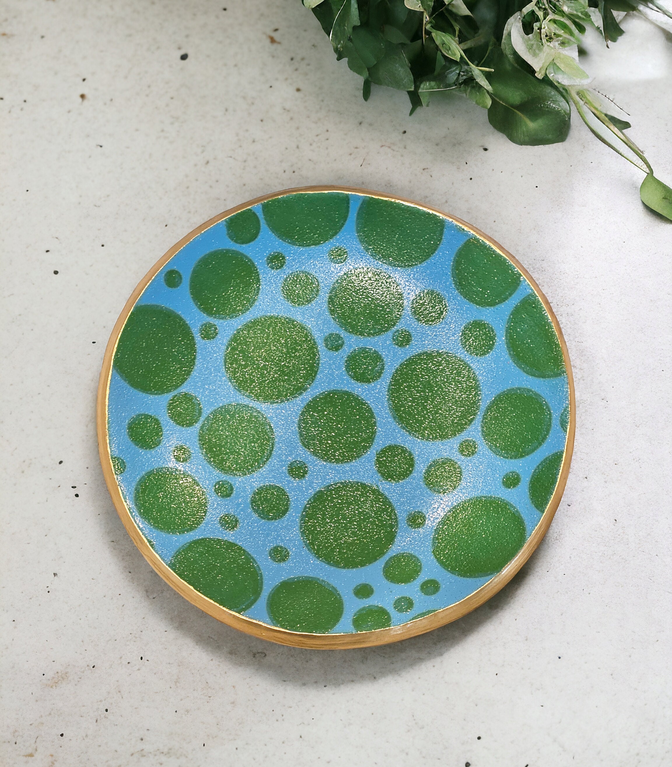 Handmade blue and green polka dot polymer clay trinket tray, ring dish.