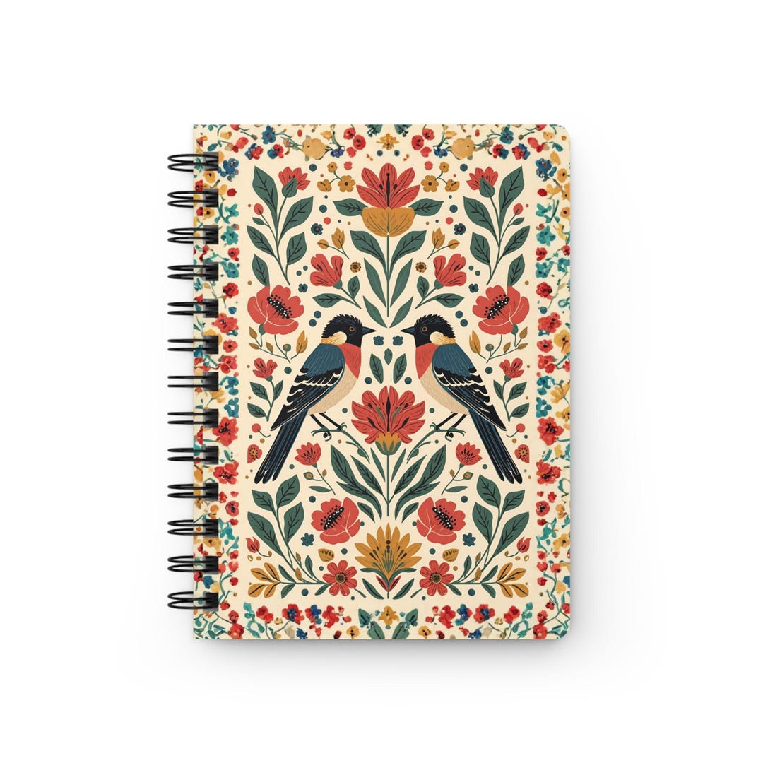 Folkart Bird Floral Pattern Spiral Notebook | Colorful Spiral Bound ...
