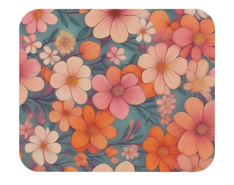Peach, Orange and Pink Floral Mouse Pad | Rectangular Desk Mat, Spring Flower Pattern