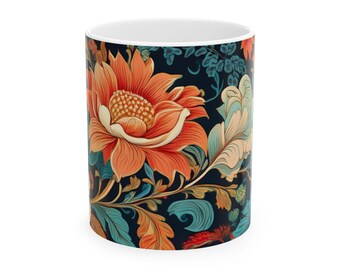 William Morris Inspired Botanical Floral Ceramic Mug, Tea, Coffee Cup. Vibrant, Colorful Flowers. Dishwasher, Microwave Safe, 11oz 15oz.