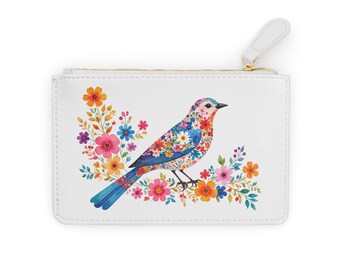 Floral Bird Mini Clutch Bag, Colorful Flowers and Songbird Cosmetic Pouch, Coin Purse