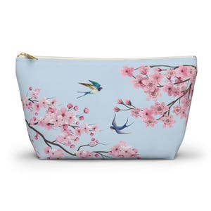 Bolsa de maquillaje con diseño floral de cerezos y pájaros, ideal para cosméticos, artículos de tocador, artículos de viaje y como regalo.