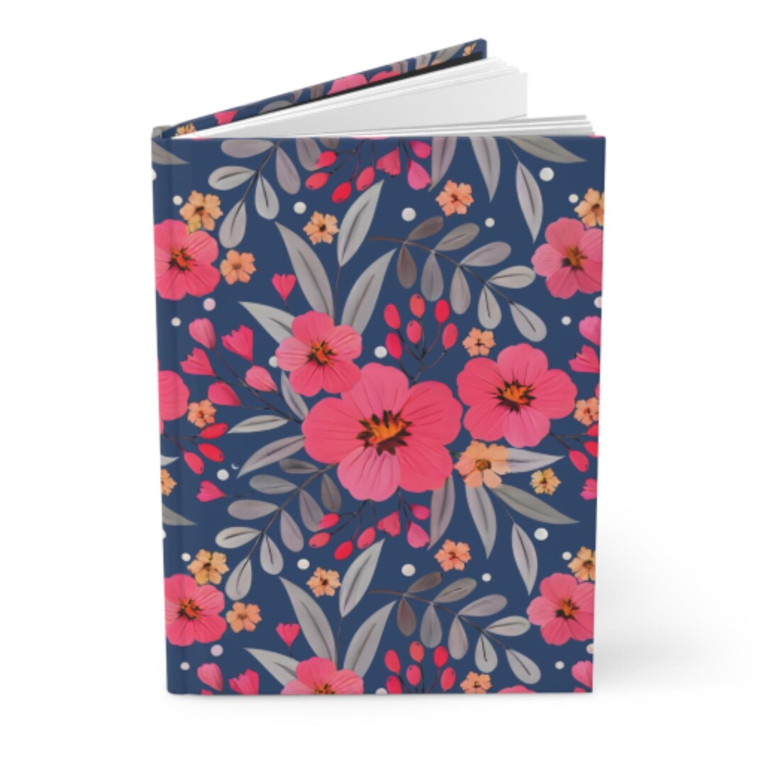Pink Floral Pattern Hardcover Journal | Navy Botanical Notebook - Etsy