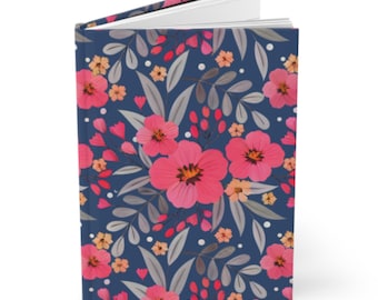 Diario de tapa dura con estampado floral rosa / Cuaderno botánico azul marino