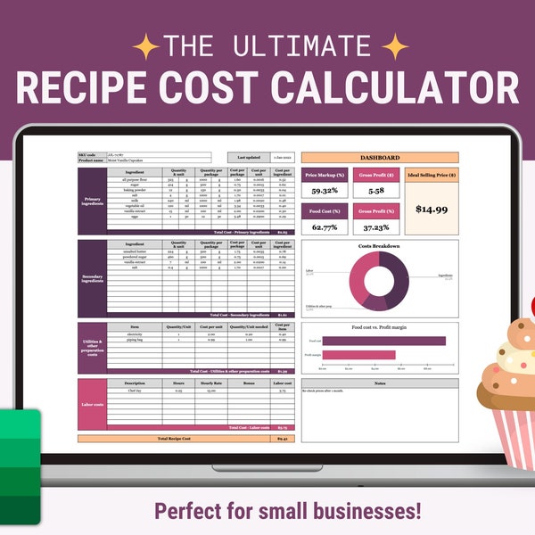 Calcolatore dei costi delle ricette, modello di foglio di calcolo per MS Excel, modello dei costi delle ricette, calcolatore dei costi degli ingredienti per cucinare e cuocere al forno 2024