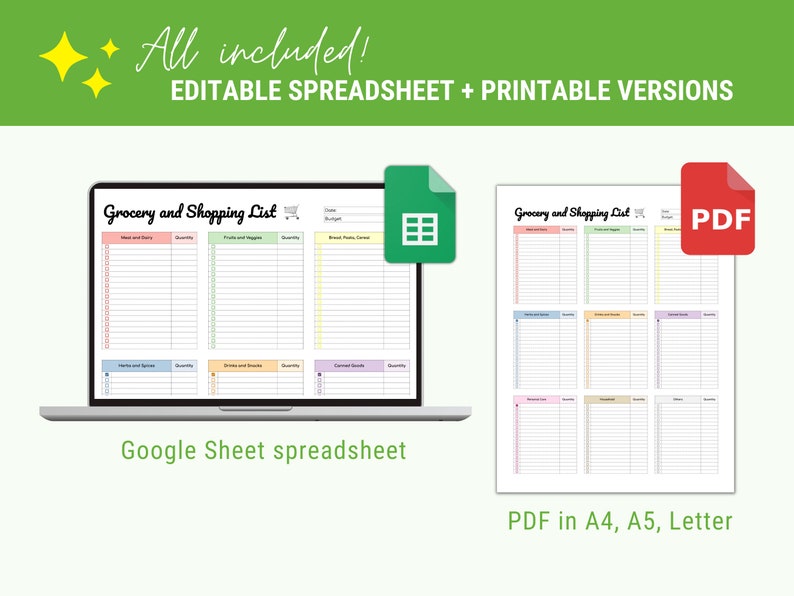 Grocery List Printable, Grocery List Google Sheets, Grocery List