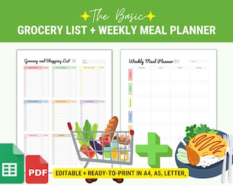 Planificador de comidas semanal digital, Hojas de Google de lista de compras, Planificador de comidas imprimible, Lista de compras imprimible, Planificador de menú semanal, Lista de compras