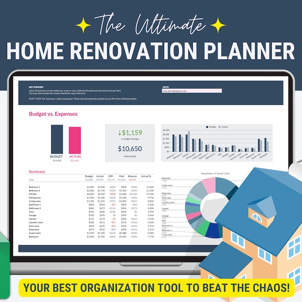 Home Renovation Planner, Home Renovations Project Tracker, House Renovations Spreadsheet, Renovation Planner Google Sheets, Budget Planner