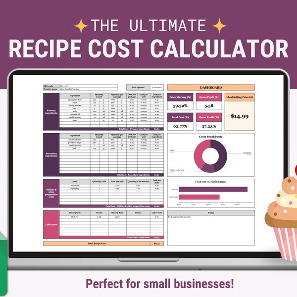 Recipe Cost Calculator, Spreadsheet Template for Google Sheets, Recipe Costing Template, Cooking & Baking Ingredients Cost Calculator 2024