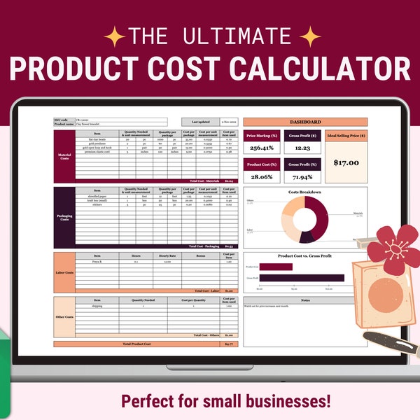 Product Cost Calculator, Spreadsheet Template for Google Sheets, Product Costing, Raw and Packaging Materials Cost & Profit Calculator 2024