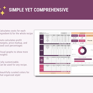 May include: A spreadsheet template with a pink and purple color scheme. The template is designed to help calculate costs, profit margins, and food cost percentages for recipes. It includes visual graphs to show insights and is fully customizable.