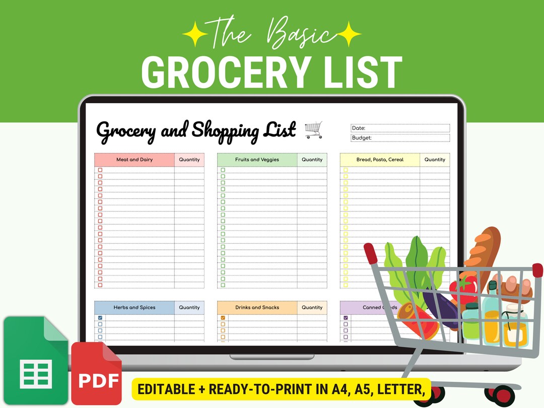 Grocery List Printable, Grocery List Google Sheets, Grocery List