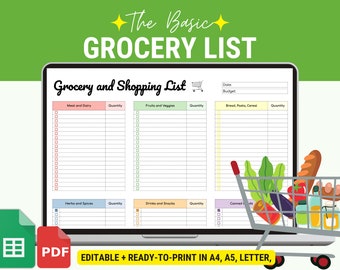 Grocery List Printable, Grocery List Google Sheets, Grocery List Spreadsheet, Digital Grocery List, Grocery List PDF, Grocery Shopping List