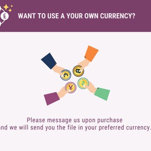 May include: Illustration of hands exchanging different currency coins, with the text "WANT TO USE YOUR OWN CURRENCY?" and "Please message us upon purchase and we will send you the file in your preferred currency."