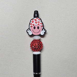 Beaded valentine happy face black plastic pen