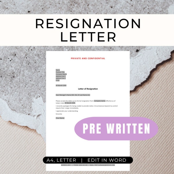 Immediate, Same day, Resignation Letter, Termination Letter, Notice Letter, Resign, Cover Letter, Professional, Template, MS Word, Editable