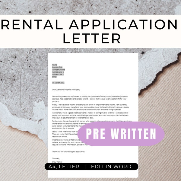 Rental Cover Letter, Rental Application Letter, Letter to Landlord, Property manager, Apply for a home, rental unit, Rental Cover Letter