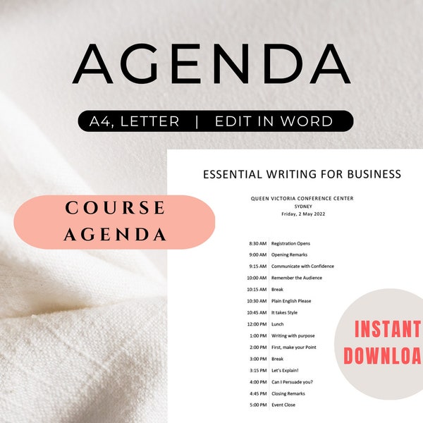 Course, Meeting Agenda Template, Word document, Business, Company Agenda, Editable Template, Virtual Meeting, Customize, Agenda 2022 2023